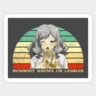 Nobody Knows I'm A Lesbian - Lesbian Anime Pun - Retro Sunset Sticker